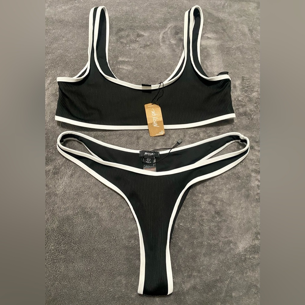 Nasty Gal new with tags ribbed contrast binding low back bikini black 
& white M